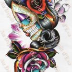 Tatouage Transfert Tête de Mort et Fleurs Colorées